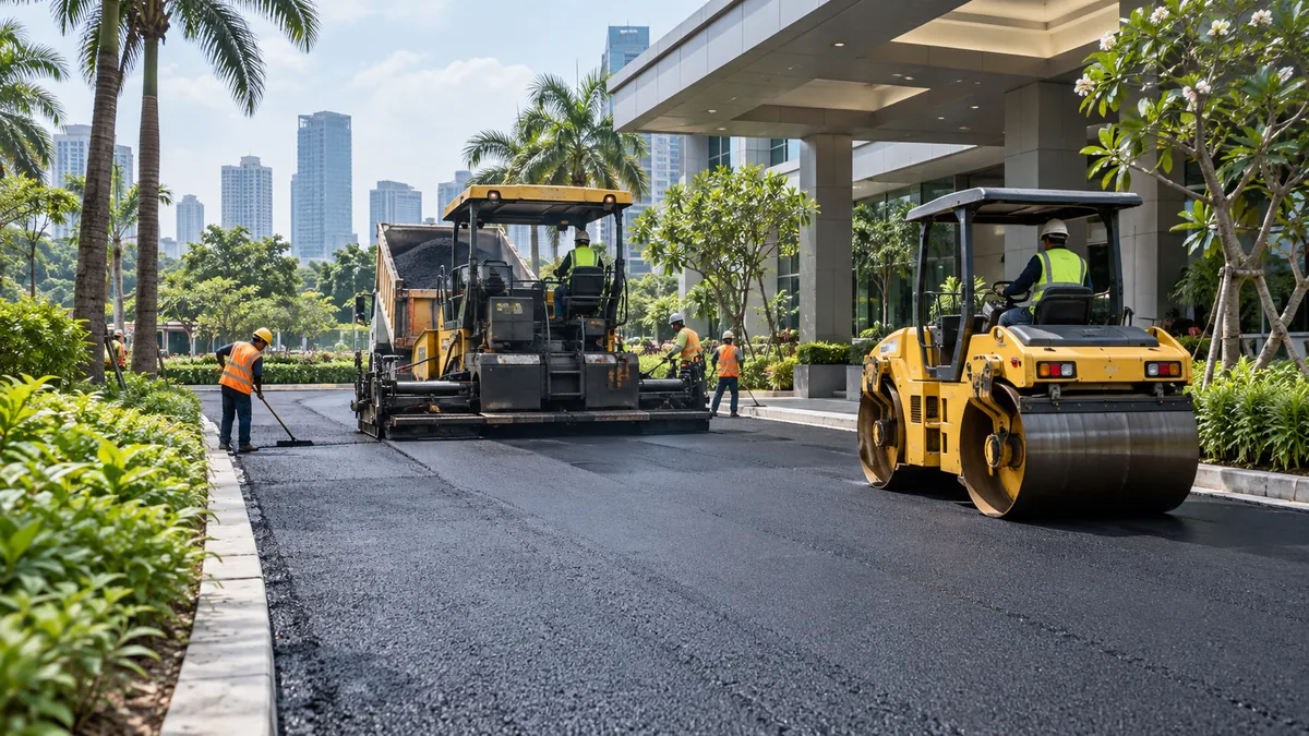 Illustrative hot-mix asphalt work in a commercial area