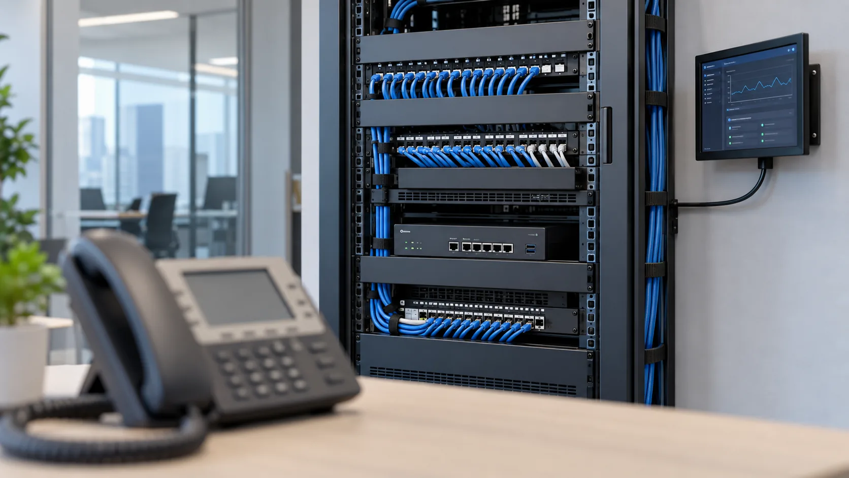 Illustration of PABX communication equipment and network rack for office systems